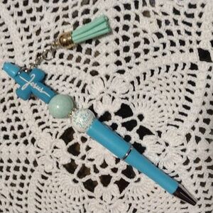 Handcrafted Blue Beaded Pen with Tassel Charm